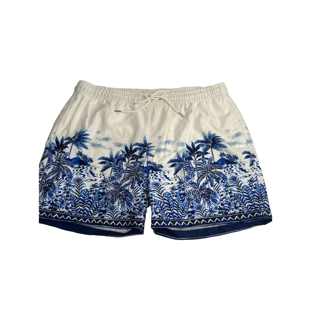 Robert Graham Men’s XL Riviera Swim Shorts Bathing Suit White Blue Tropical